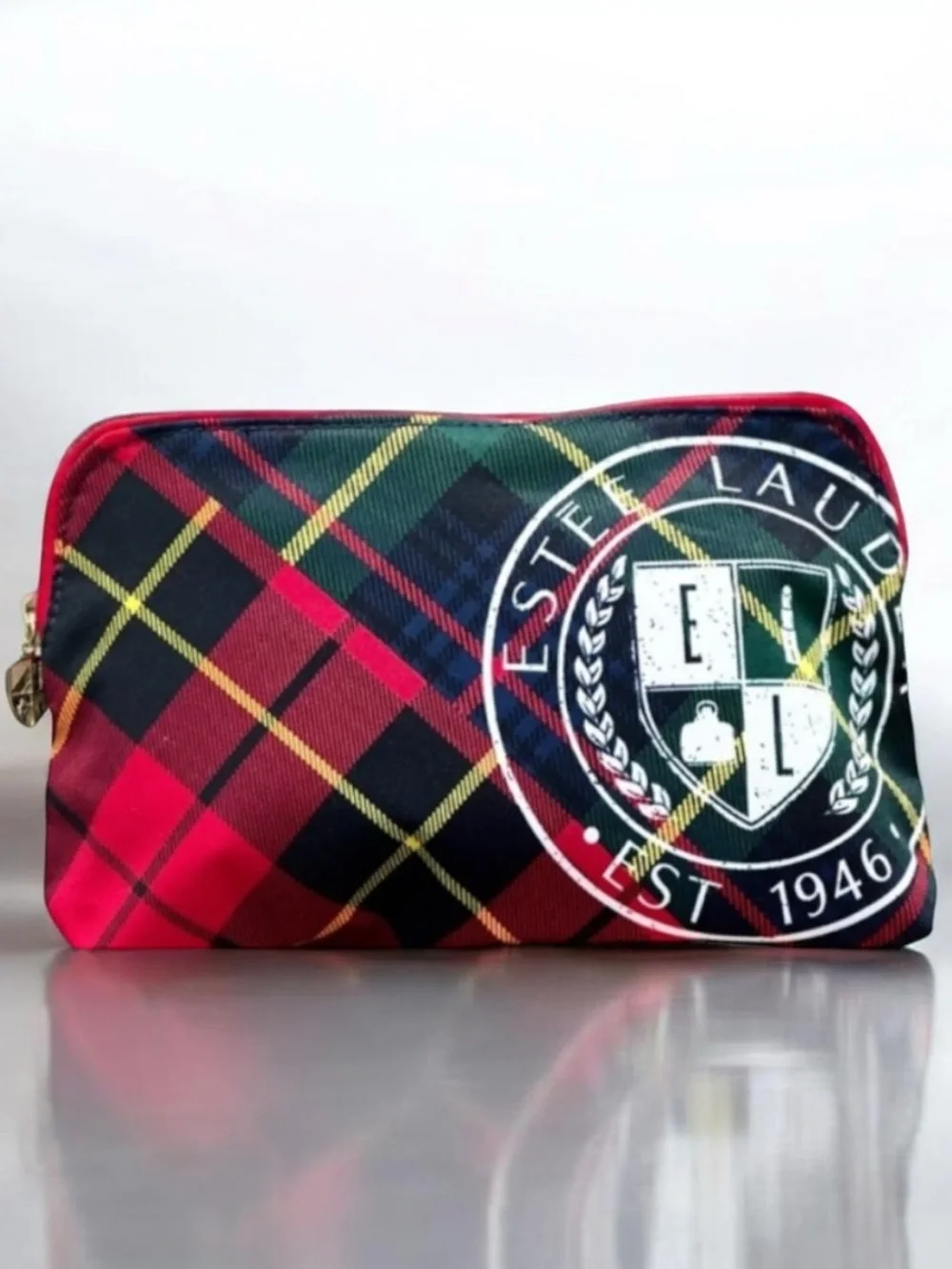 Estée Lauder Cosmetic Bag Limited Edition Tartan Plaid Luxe 1946 Crest Red Black